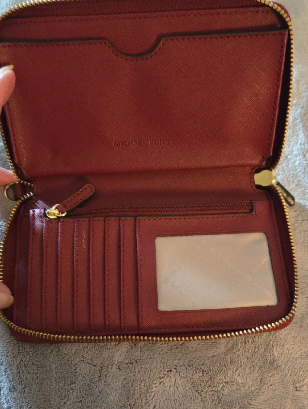 EUC Michael Kors Red Leather Zip Wallet with Gold Eyelet Accents